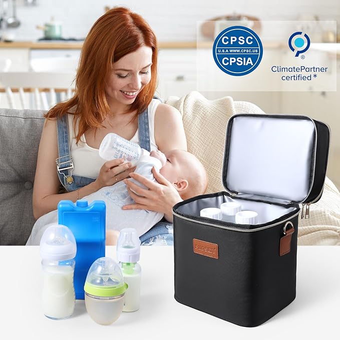 PIIOSER Breastmilk Cooler Bag with Ice Pack Fits 6 Baby Bottles Up to 9 Ounce, Insulated Baby Bottle Tote Bags, Double Layer Waterproof Leak-Proof with Shoulder Strap for Nursing &Working Mom