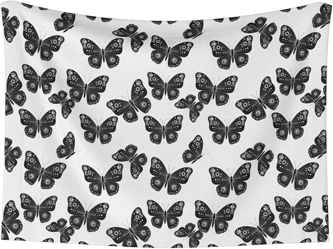Two Sided Plush Pet Blanket for Crates Carriers Home Use, Butterflies Black and White, Reversible Throw with Cozy Dot Fabric and Silky Reverse for Small Large Pets