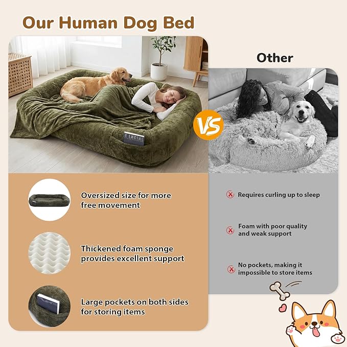 Human Dog Bed, 71 x 47 x 12 in Washable Extra Large Dog Bed for People, Giant DogBed with Storage Pockets, Green