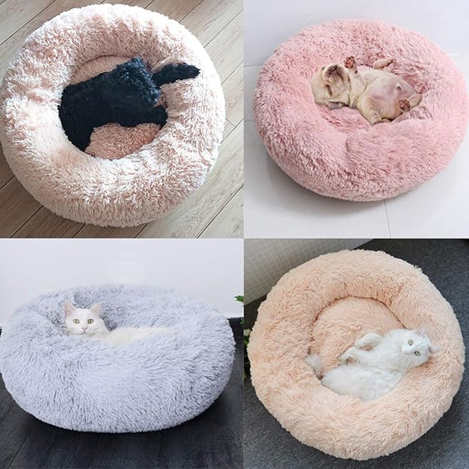 huraty Plush Dog Bed for Small Medium Dogs, Fluffy Donut Round Pet Cat Beds, Anti-Slip & Anti-Anxiety, 24 Inch for Puppy and Kitties, Wine Red, M