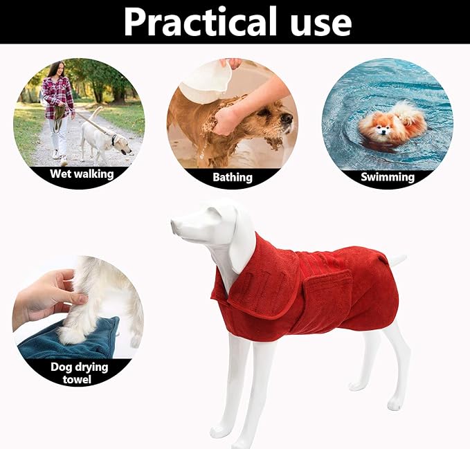 Geyecete Dog Drying Coat - Dog Bathrobe Towel - Microfibre Fast Drying Super Absorbent Pet Cat Bath Robe Towel - Red-S