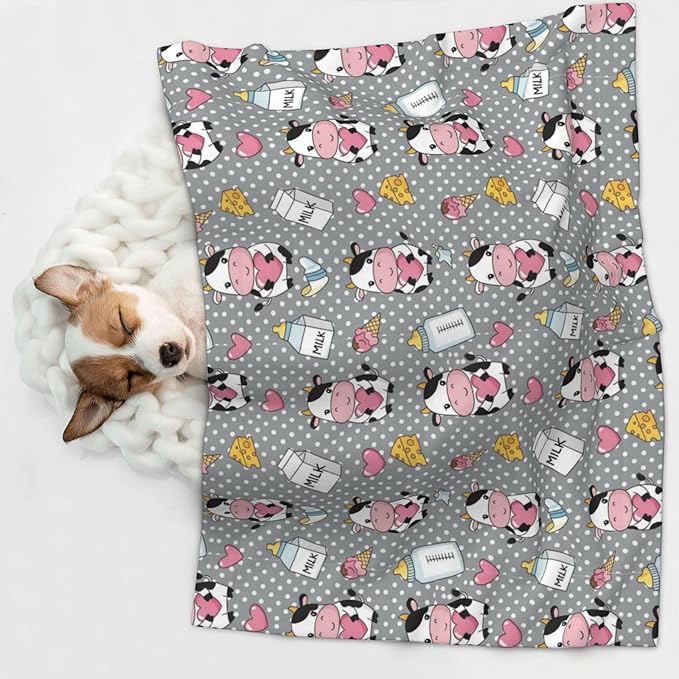 Two Sided Pet Cuddler Blanket for Anxiety Calming, Cartoon Cow Character, Reversible Plush Design with Bubble Dot Pattern Provides Familiar Surface Anywhere