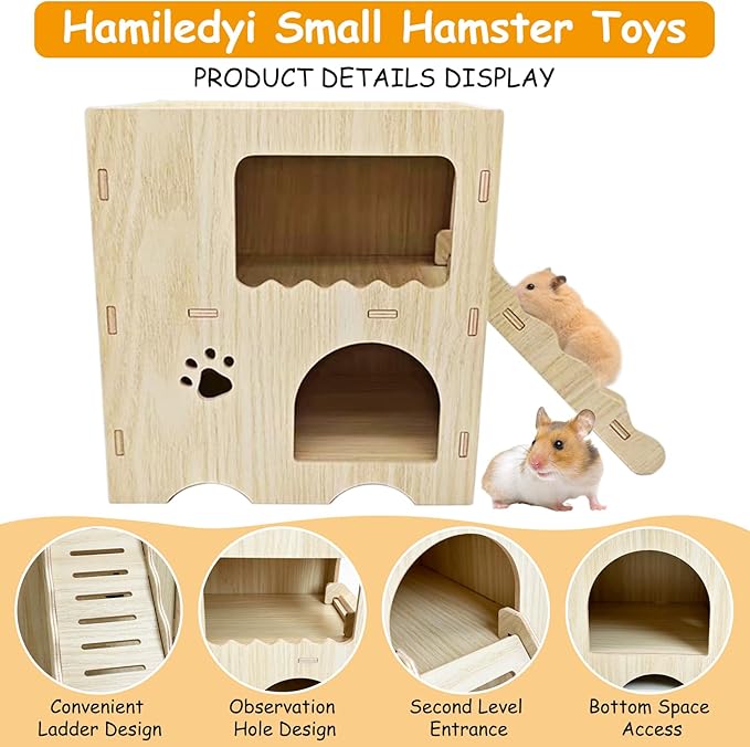 Hamiledyi Wooden Hamster Hideout Maze Double Layers Hamster Hut Small Animal Activity Toy with Ladder for Dwarf Hamster Gerbil Mouse Mice and Other Similar Sized Animals