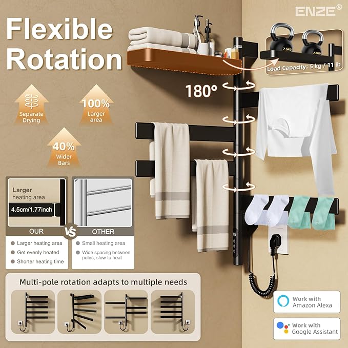 ENZE Smart Rotating Heated Towel Rack for Bathroom, Wall-Mounted Electric Towel Dryer with Swivel Bars & Shelf, Smart Timer, Low Carbon Steel, Plug-in/Hardwired, Towel Warmer with Wi-Fi App Control
