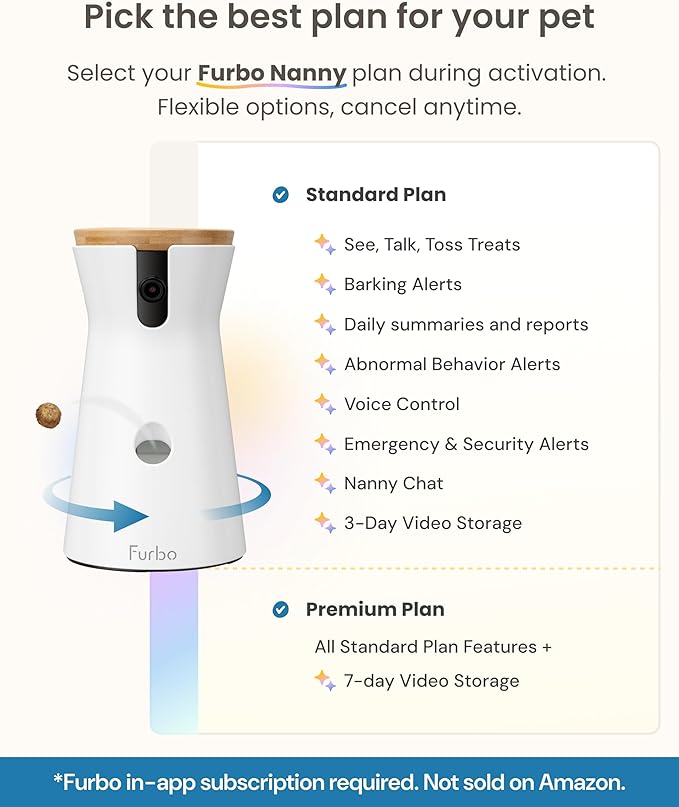 Furbo 360° Dog Camera + Power Adapter [Subscription Required] Unlock w/Paid Plan: Dog Safety Alerts, Rotating Pet Treat Toss w/ 2-Way Speaker, Smart Cam w/Phone App (Low Risk, 3mo Min. Cancel Anytime)