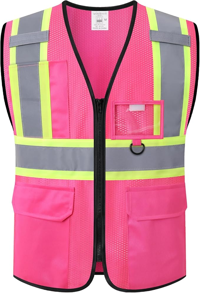 Safety Vest for Men Women Reflective with Multiple Pockets Mesh High Visibility Construction Work Vest,Meets ANSI/ISEA Standards(EK1-178-Pink-L)
