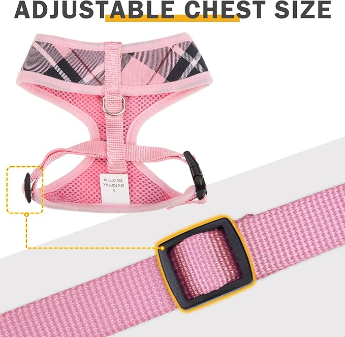 SCENEREAL Puppy Dog Harness with Leash Set for Small Medium Sized Dogs, Soft Mesh Pet Harnesses and Leash, No Chock Plaid Adjustable No Pull Vest for Dogs Cats, Chihuahua,Bulldog (Pink S)