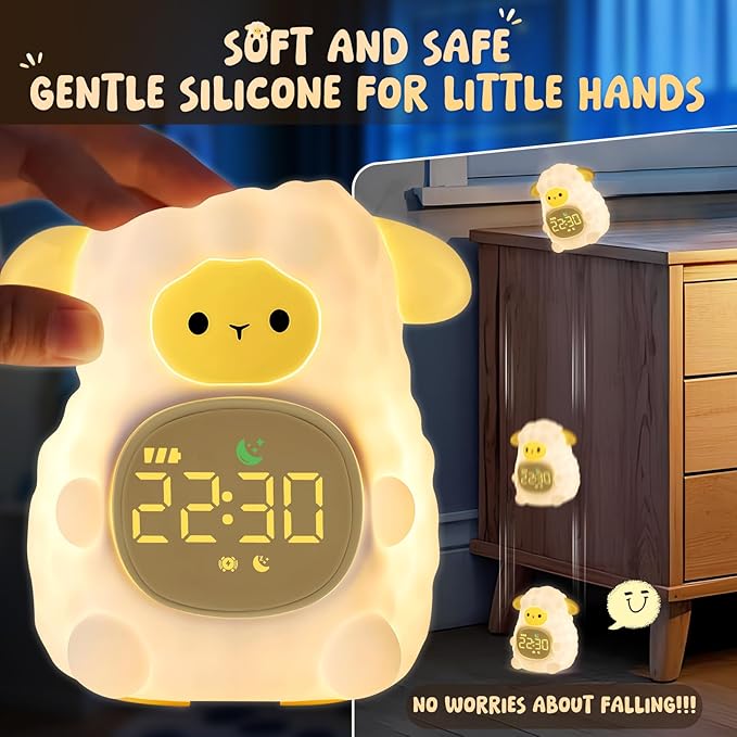Sheep Alarm Clock with Night Light for Kids with Sleep Training and Sound Machine, Rechargeable Silicone Lamp OK to Wake Clock，Cute Animal Tabletop Lamp, Perfect Sleep Companion for Boys Girls
