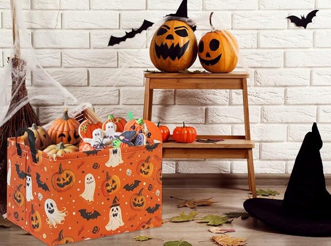 HIYAGON Halloween Basket Halloween Pumpkin Basket for Boys and Girls Trick or Treat Pumpkin Basket for Halloween Parties Cute Storage Bin Organizer Box Rectangular Room Decor(Halloween Pumpkin)