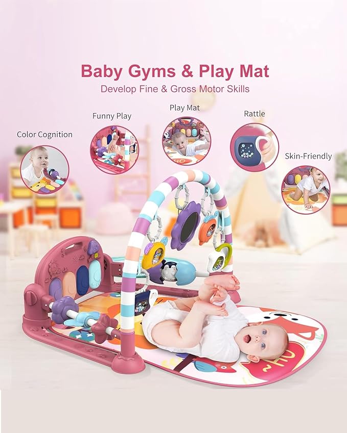 dearlomum Baby Play Mat Gym,Funny Play Piano Tummy Time Baby Activity Mat with 5 Infant Sensory Toys & 4 Wrist Rattle Socks, Boy & Girl Gifts for Newborn 0 to 3 6 9 12 Months(Pink)