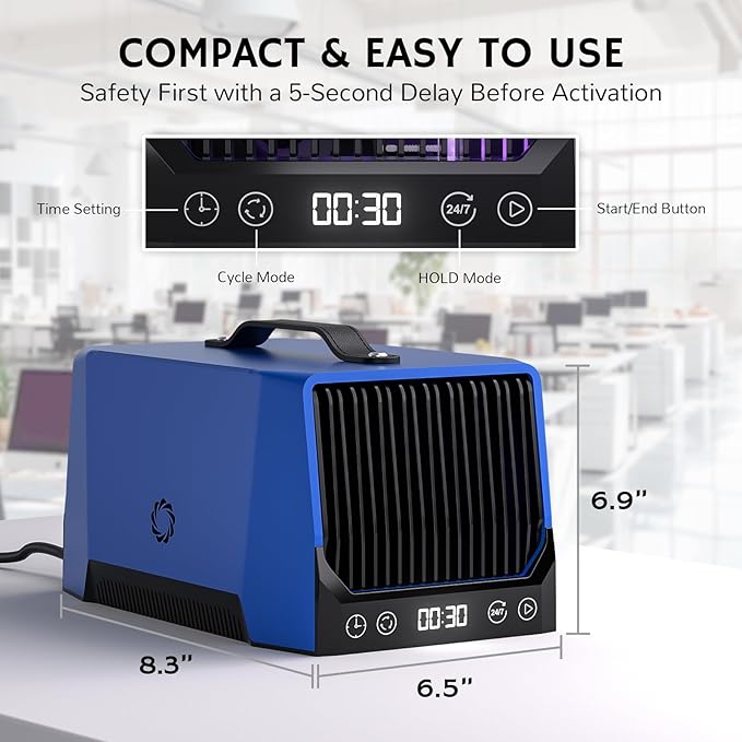 Airthereal DA25 Desktop Ozone Generator, 60,000mg/h High Capacity Odor Eliminator for Smoke, VOCs and Pet Odors, Portable Ozone Machine for Home, Garage & Car, Cover up to 5,000 sq.ft (Blue)