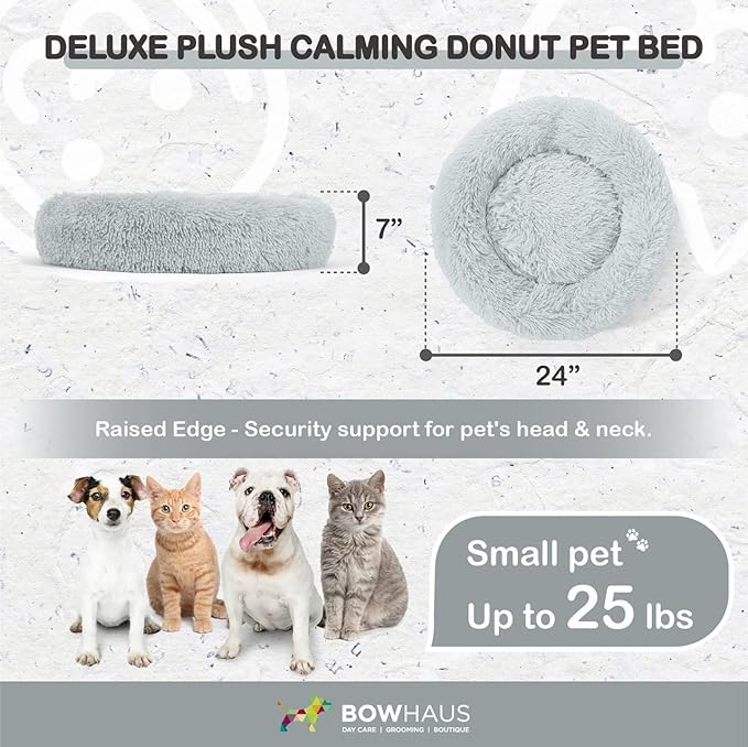 24/30 Inch Calming Donut Pet Bed for Small/Medium Cats and Dogs, Anti-Slip Bottom, Washable, Anti-Anxiety Fluffy Round Cat Bed, Indoor Shaggy Cuddler Cotton Candy Brown, Light Gray, Pink Bed