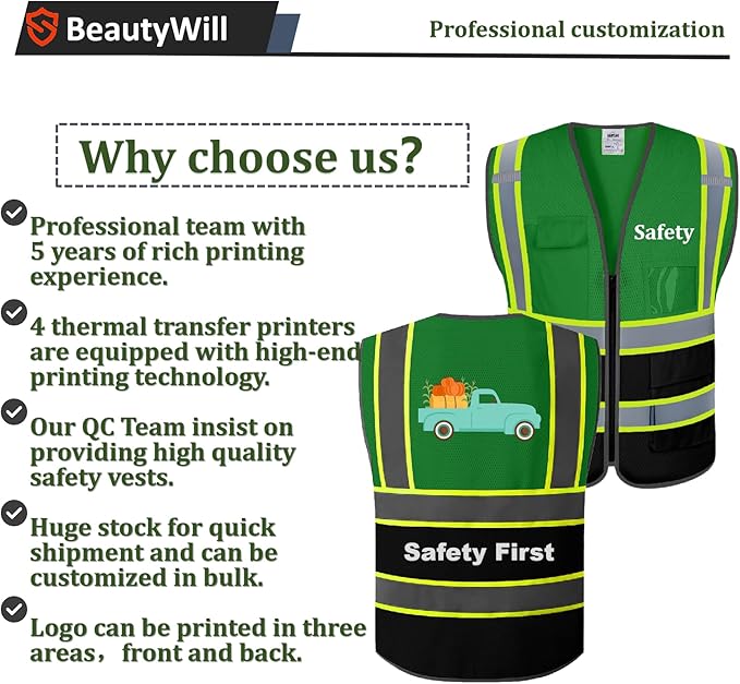 BeautyWill Custom Safety Vest Customized Logo Mesh Vest Class2 High Visibility Reflective Vest with Pockets Workwear（Green Black，XXL ）