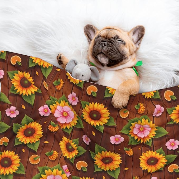 Double Sided Pet Bed Blanket for Added Cushion Warmth, Western Wood Rustic Sunflowers, Reversible Cover with Textured Dot Surface for Existing Beds Standalone Mat