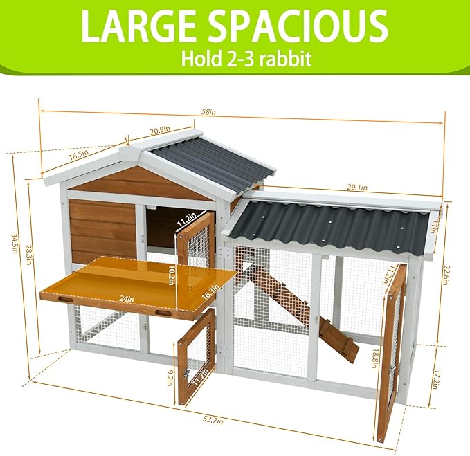 58" Wooden Outdoor Indoor Roof Waterproof Bunny Hutch Rabbit Cage Guinea Pig Coop PET House for Small to Medium Animals with Stairs and Cleaning Tray
