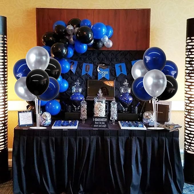 TONIFUL 4 Set Black and Blue Silver Balloon Centerpieces for Table,Balloon Stand Kit for Graduation Decorations 2025 Party Decorations,New Year,Anniversary,Birthday Decoration for men,Father's Day