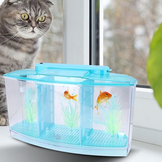 Yctze LED Acrylic Aquarium Breeding Box and Kit - Ideal for Betta Fish, Dual and Mini Aquarium Environment (Blue)