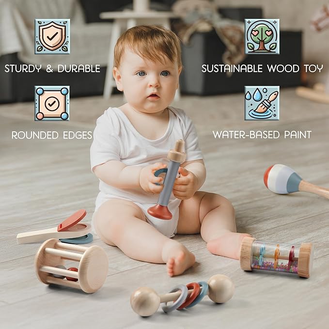 Montessori Mama Baby Rattle and Musical Set, 6 Piece Wooden Infant Toy