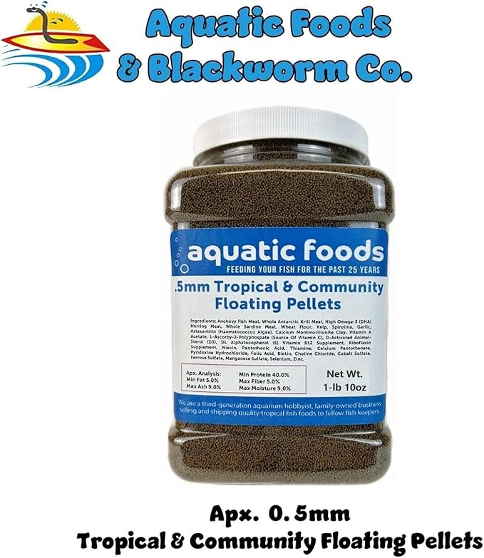 Aquatic Foods Inc. 0.5mm - 1/64" Tropical & Community Fish Floating Micro Pellets for Tetras, Guppies, Angel Fish, Small Cichlids, Goldfish. All Tropicals - WL…1-lbs 10oz Jar