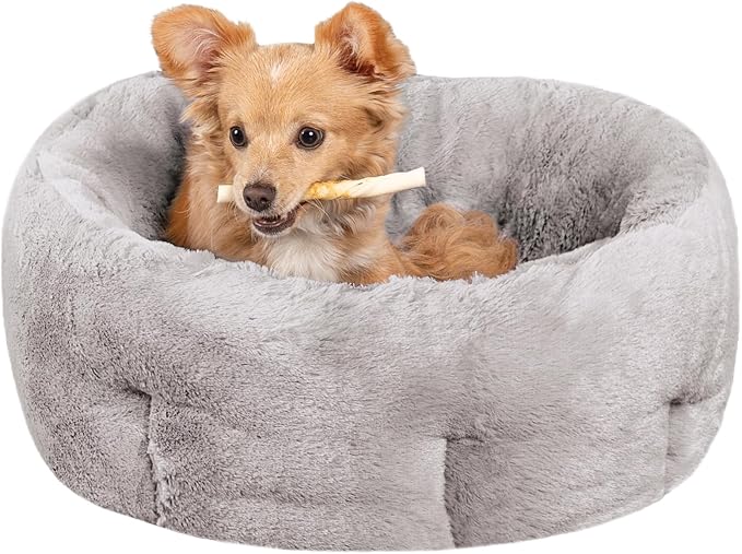 Furhaven 20" Round Self-Warming Pet Bed for Indoor Cats & Small Dogs, 100% Washable, For Pets Up to 20 lbs - Hi Lo Plush Luxe Faux Fur Cuddler - Gray, Small