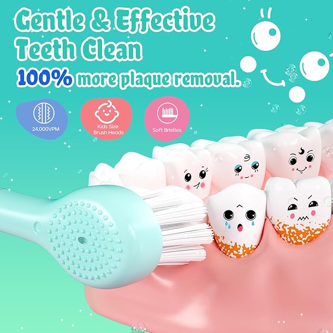 SEAGO Kids Electric Toothbrushes Rechargeable, Toddler Electric Toothbrush with Magnetic Charging, LED Observing Light, 8 Toothbrush Heads for Ages 2-4 -6 Boys Girls (Blue)