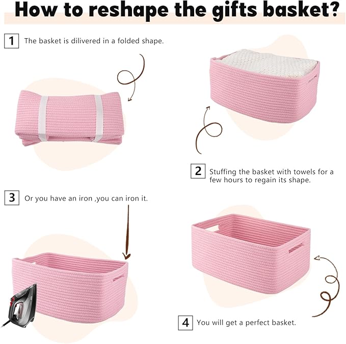 OIAHOMY Storage Basket for Shelves, Closet Cube Storage Bins Baskets for Clothes Blanket Towels, Baby Nursery, Toy Baskets Box, Woven Rope Basket, 15.75*11.81*7.09 IN, 2 Packs Pink