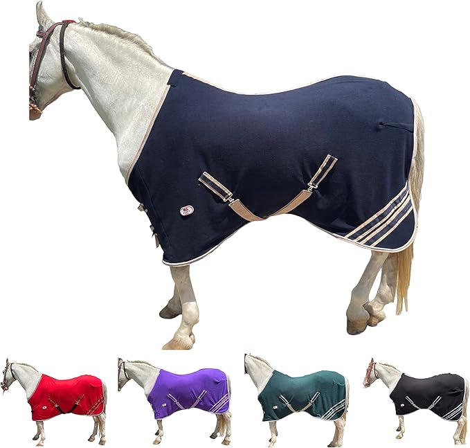 Majestic Ally Anti Pill Fleece Horse Blanket/Sheet with Silver Braided Rope (Navy, 70)