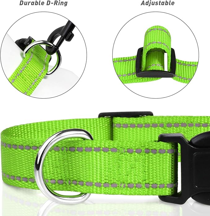 TagME Reflective Nylon Dog Collars, Adjustable Classic Collar with Quick Release Buckle for Puppy, Green, 3/8" Width