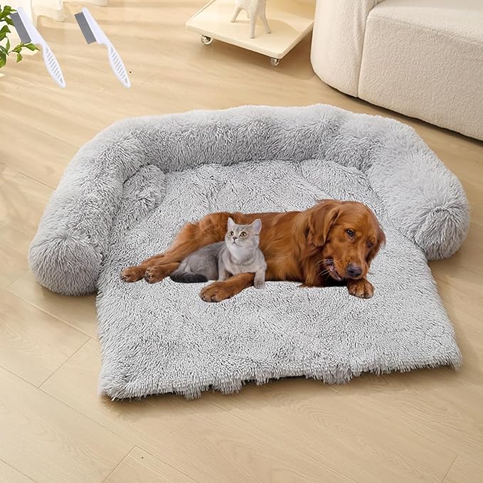 Dream Cloud Pet Sofa Bed for Dogs Cats, 2026 Washable Removable Calming Fluffy Plush Mat for Furniture Protector, Long Fur Non-Slip, for Small/Medium/Large Home Pets (Grey, S：27.6 * 24in)