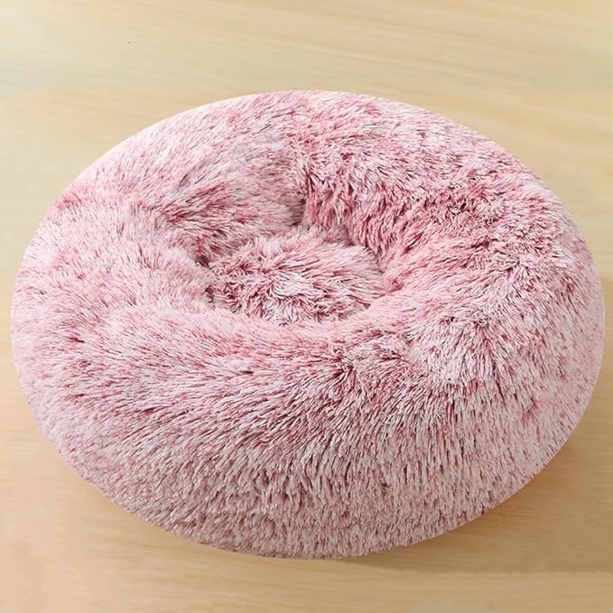 Calming Large Dog Bed & Cat Bed, 43 Inch Anti-Anxiety Donut Dog Cuddler Cat Bed, Warming Cozy Soft Dog Round Bed, Fluffy Faux Fur Machine Washable Pet Cushion for Medium Dogs & Cats (Rose White)