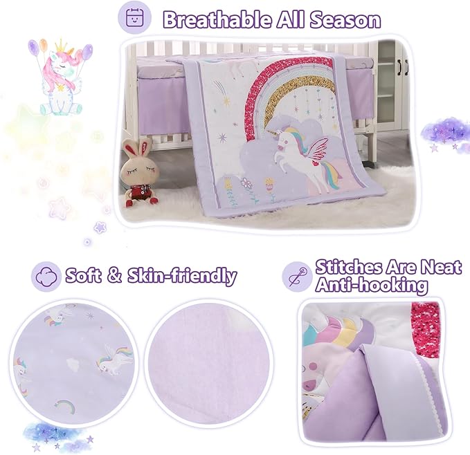 Wowelife Unicorn Crib Bedding Set 3 Pieces Baby Girl Crib Bed Set Crib Comforter Set for Girls Nursery Bedding Set Purple Include Baby Comforter, Skirt and Sheet, Purple