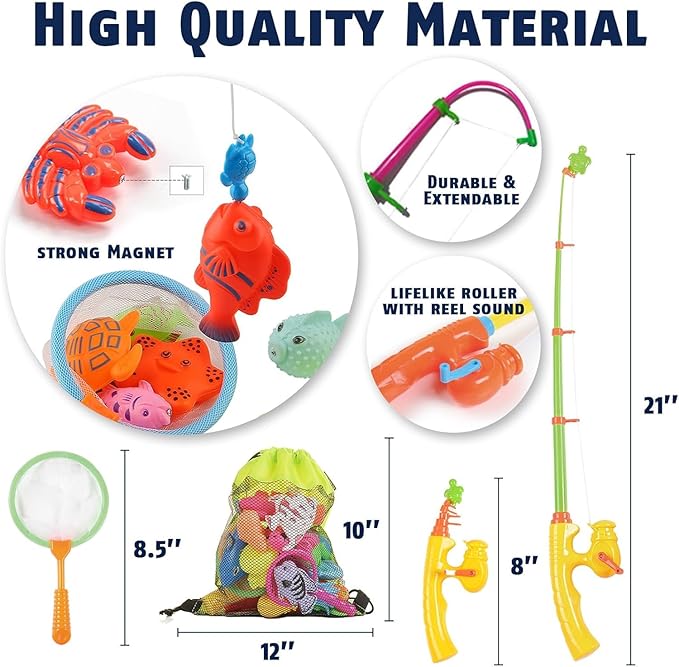 CozyBomB™ Magnetic Fishing Toys Game Set for Kids | Water Table Bathtub Kiddie Pool Party & Pole Rod Net, Plastic Floating Fish Toddler Color Ocean Sea Animals Birthday Age 3 4 5 6 Year