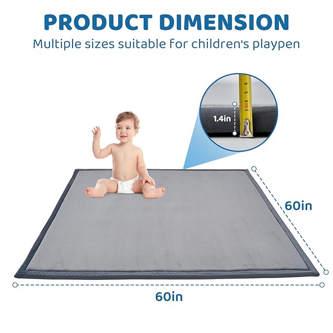 SUNYRISY Baby Play Mat for Floor 60 x 60in, 1.4in Thick Memory Foam Padded Play Mats for Baby, Soft Velvet Infants Toddler Kids Crawling Mat for Nursery, Non-Slip Bottom