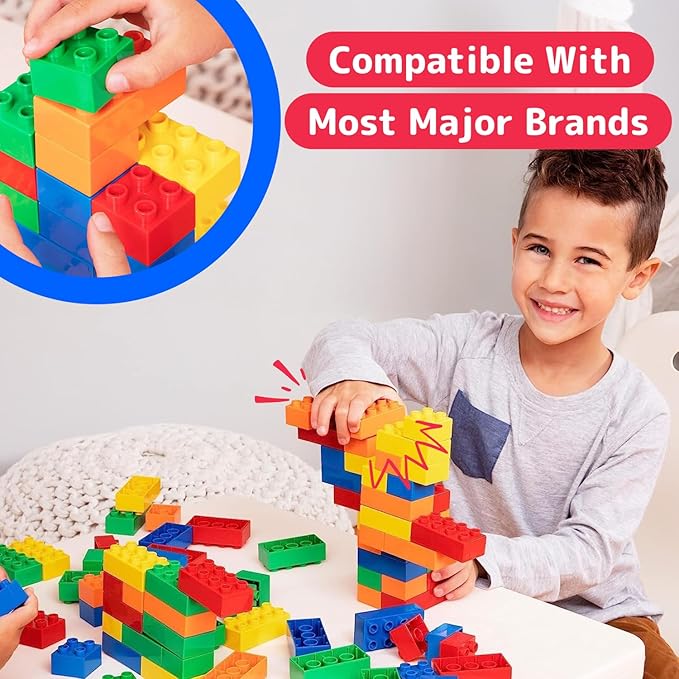 PREXTEX Building Blocks for Toddlers - 300 Jumbo Building Bricks with Carrying Box for Easy Storage - 5-Color Build Toys and Gift Set for Kids Ages 3 and Above - Compatible with Major Brands