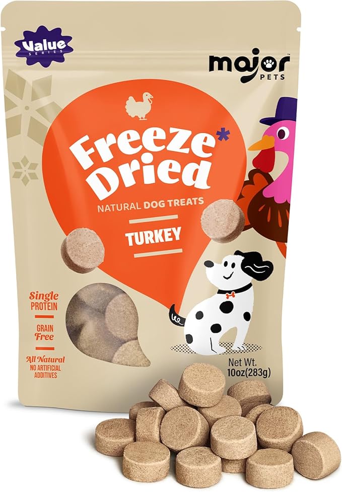 MAJOR PETS Freeze Dried Turkey Dog & Cat Treats, Quality High Protein, Hypoallergenic, Grain Free, Gluten Free, Human-Grade, Made in the USA, Easy to Digest for Training & Meal Topper, 10oz