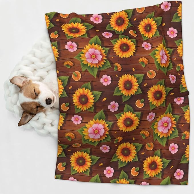 Two Sided Plush Pet Blanket for Warmth Comfort, Western Wood Rustic Sunflowers, Reversible Throw with Cozy Nubby Side for Chilly Nights Napping Spots Around House