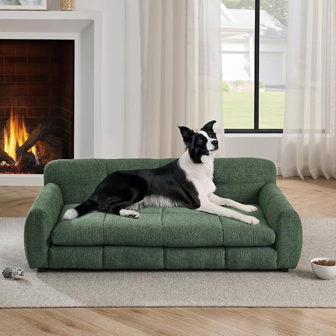 51" Soft and Comfortable Pet Bed for Large and Oversized Dogs, Durable Elevated Dog Sofa with Armrest and Backrest, Modern Linen Fabric Dog Couch, Olive Green