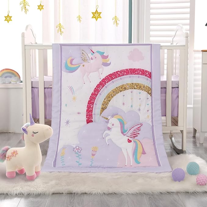 Wowelife Unicorn Crib Bedding Set 3 Pieces Baby Girl Crib Bed Set Crib Comforter Set for Girls Nursery Bedding Set Purple Include Baby Comforter, Skirt and Sheet, Purple