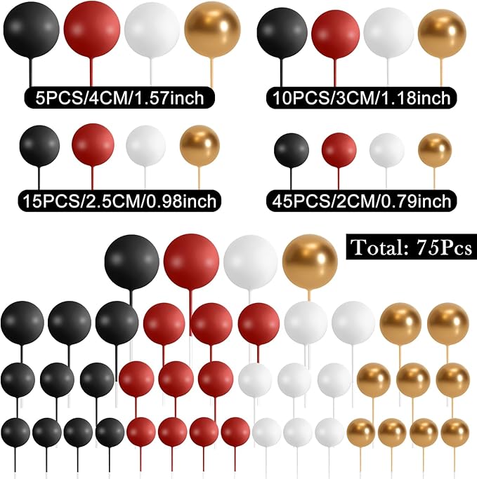 75 Pieces Cake Balls Topper Decorations Foam Cupcake Topper Mini Balloon Cake Topper Picks for Deco Birthday Party Wedding（Black, Red, Gold, White）
