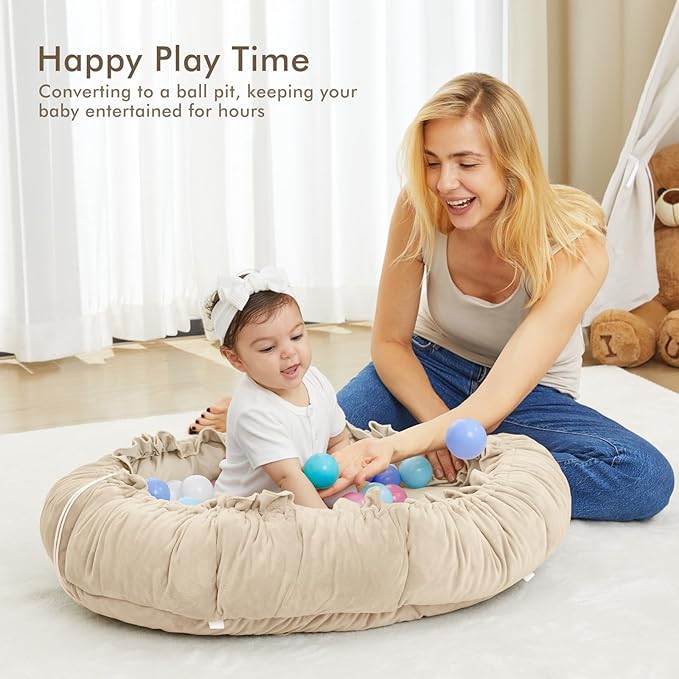 ANGELBLISS 5 in 1 Baby Play Gym Mat, Reversible Tummy Time Mat with 5 Sensory Toys for Stage-Based Developmental, Thick & Large Baby Activity Center from Newborn to Toddler (Khaki)