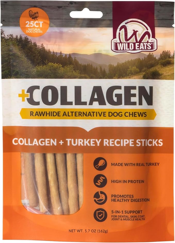 Wild Eats Turkey Collagen Sticks for Dogs (25 Pack, 0.6 cm Wide) Long Lasting Dog Chews No Hide Dog Treat Bully Stick Alternative, Rawhide Free, Grain Free, High Protein