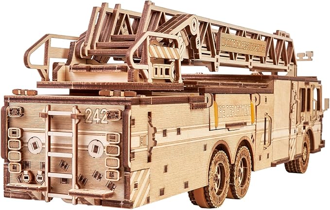 Wood Trick Rescue Firetruck Movable - Rotating Extendable Ladder - 3D Wooden Puzzles for Adults and Kids to Build - Rides up to 20 ft - Wooden Models Engineering DIY Project Mechanical Model Kit