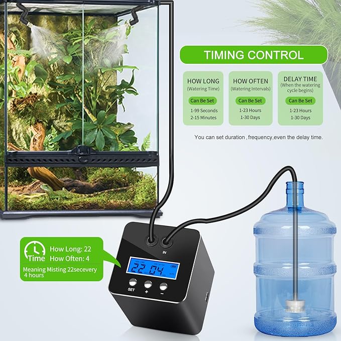 reptile humidifier, LCD with timing function, time length and interval can be set, reptile mister system with 2 spray nozzles, misting system for reptiles of amphibians, tanks, Paludarium