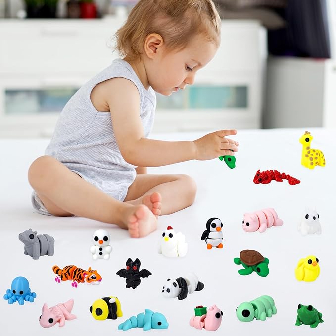 21Pcs Mini 3D Printed Animal Set, Flexible Fidget Toys, 3D Printed Animal Figurines Toys for Birthday Gifts,Rewards,Goodie Bag Filler and Office Desktop Decoration