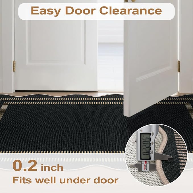 Scalloped Easy Jute Black Rug, 2.6x4 Front Door Washable Door Mat Non Slip