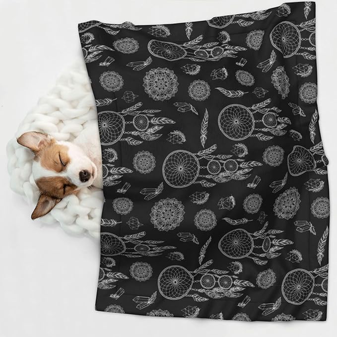 Pet Blanket for Travel and Home, Black and White Mysterious Dream Catcher, Reversible Plush Dot Design with Soft Grip Texture on One Side Perfect for Car Seats Moving Vehicles