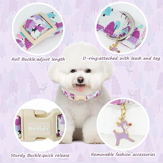 Winter Wonderland Dog Collar for Small Dogs，Adjustable White Puppy Collar with Purple Pink Teal Pine Tree, Deer and Cabin Line Art, for Daily Walks, Photos & Seasonal Adventures - M
