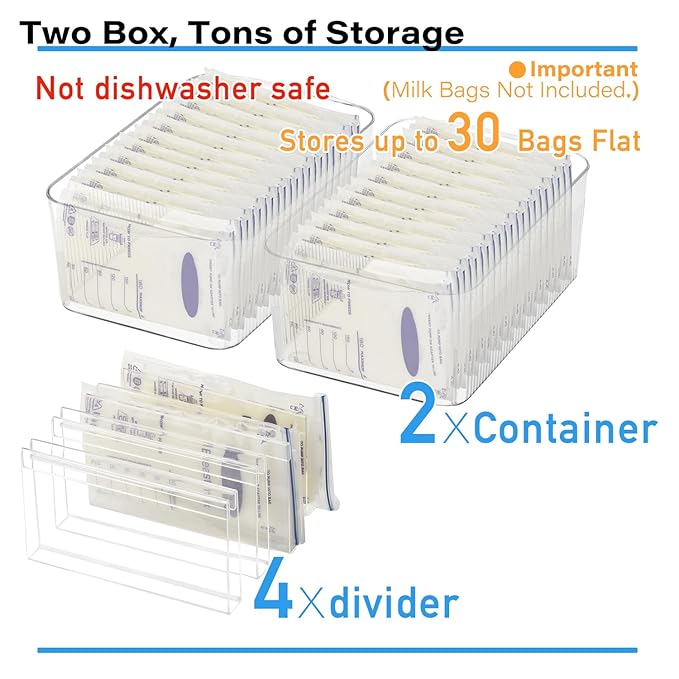 Breastmilk Storage Container with 4 Freezer Flattener Kit to Flatten Standing Breast Milk Bags in Organizer Bins Save Refrigerator Space |Horizontal Storage