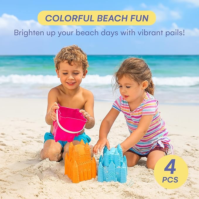 Sand Castle Building Kit, Beach Toys, Beach Bucket, Set of 4 Sand Castle Molds for Kids, Gift Toy for Ages 1 2 3 4 5 6 7 8 9, Older Kids and Toddlers, Sandcastle Building Kit Pail for Kids