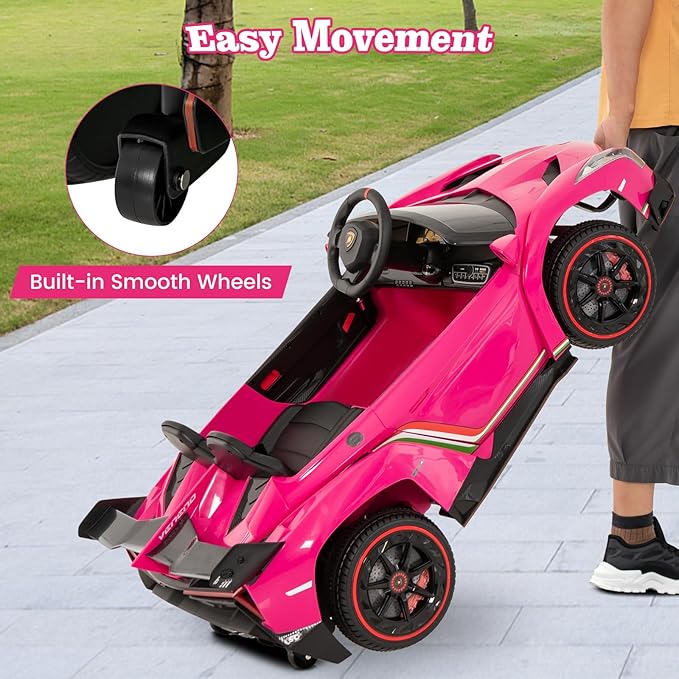 Costzon Pink Lamborghini Ride on Car, 12V Battery Powered 4WD Lambo Kids Car with Remote Control, 3 Speeds, Dual Doors, LED Lights, Horn, Music, Licensed Electric Vehicle for Toddlers Girls Kids Gift